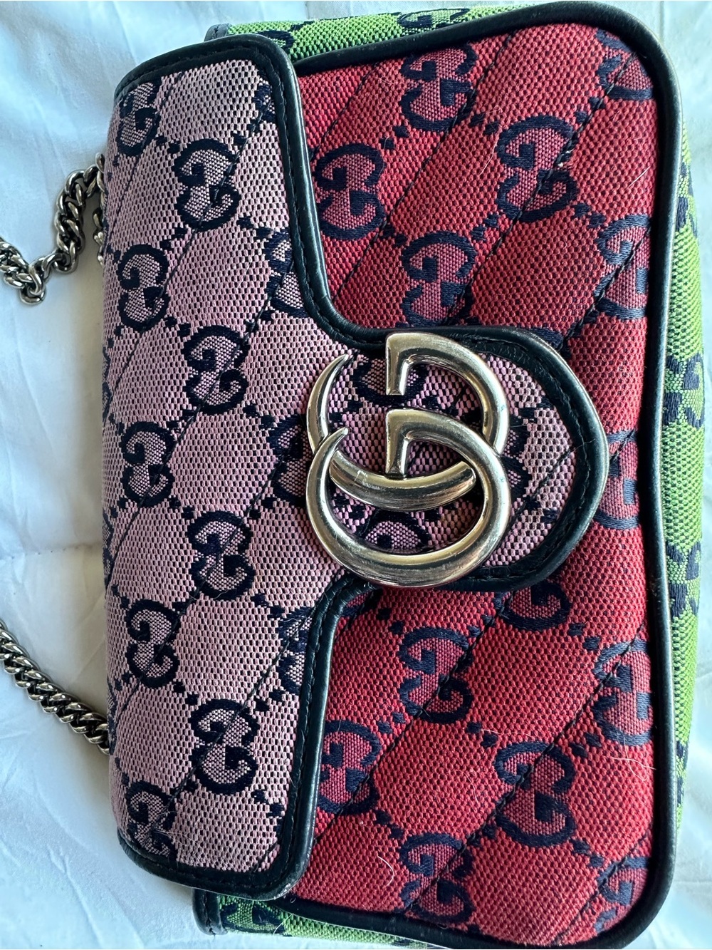 Gucci Pink Yellow Green GG Canvas Chain Crossbody Bag